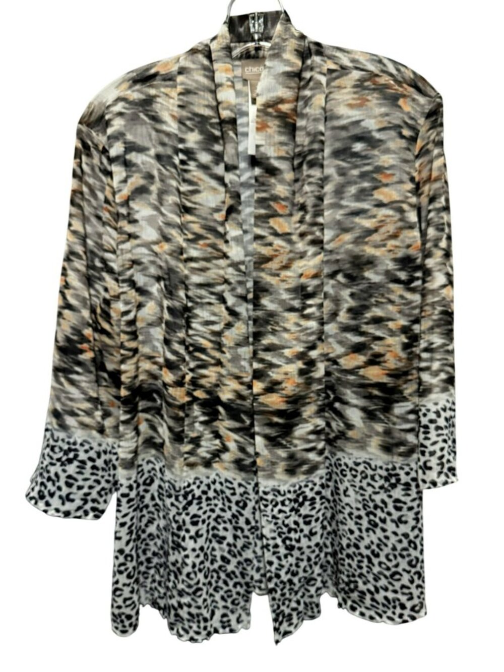 Chico's Ikat Cheetah Dual Print 3/4 Sleeve Open Front Flowy Cardigan Sz 1/M